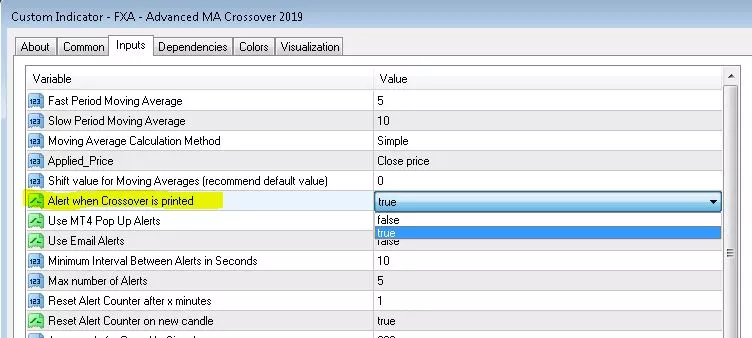 configurable crossover types for moving average crossover alert indicator for metatrader 4